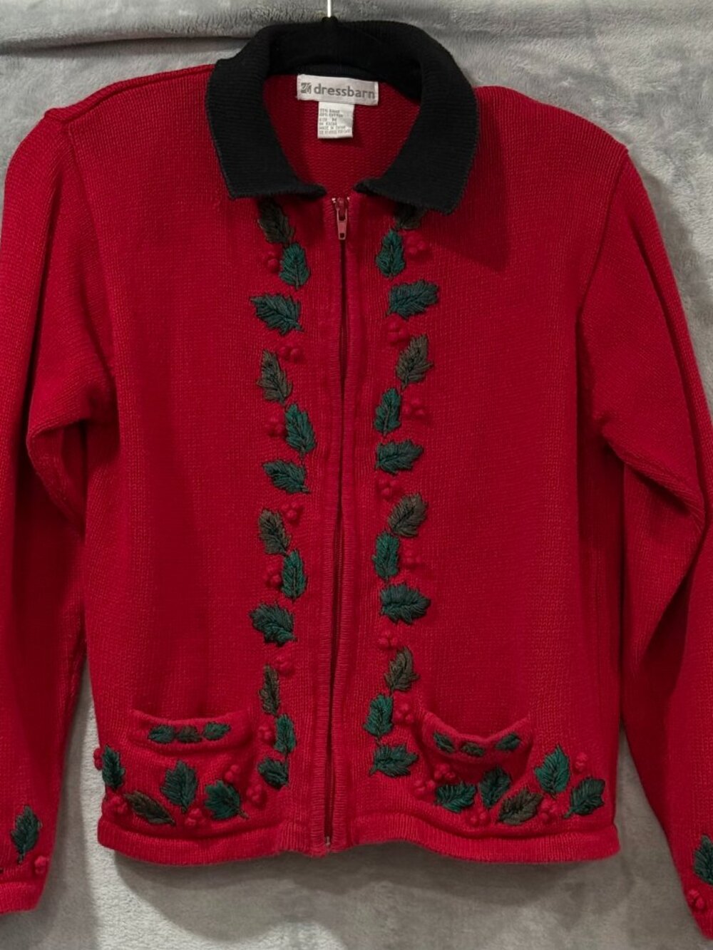 Vintage Christmas Holly Cardigan Red Black Embroidered Full Zip Women’s M Art